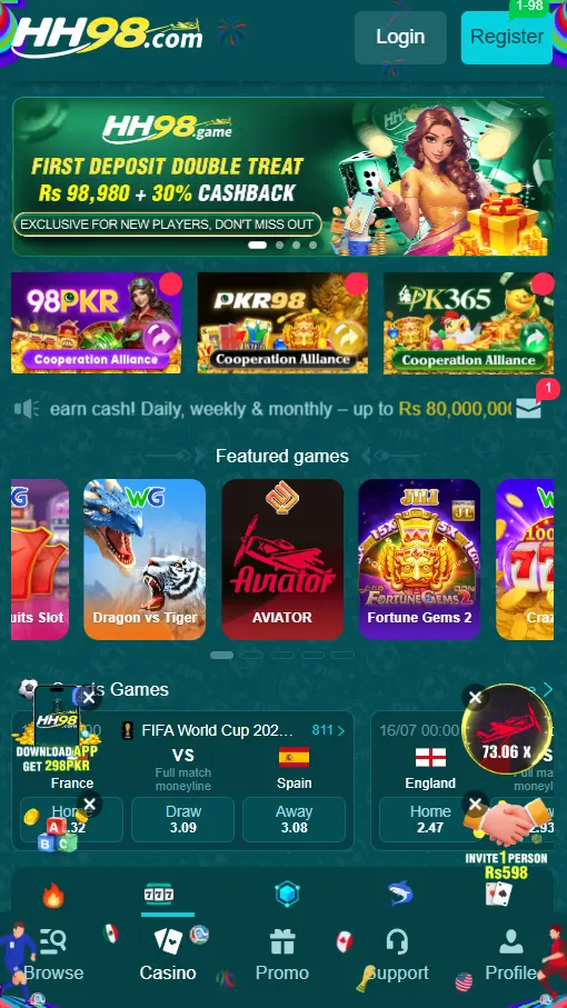 HH98 Game home screen featuring welcome bonus, featured casino games, sports betting, and promotional offers.