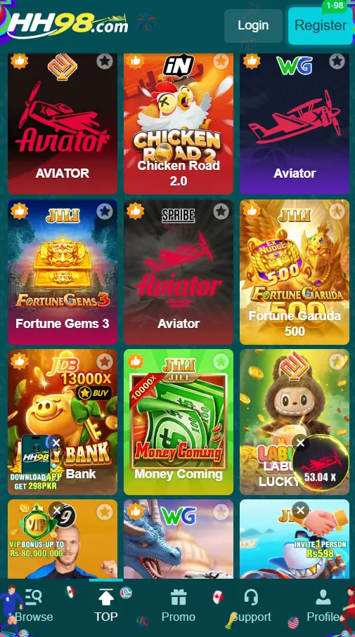 HH98 Game homepage showing Aviator, Chicken Road, Fortune Gems, Money Coming, and other online casino games.
