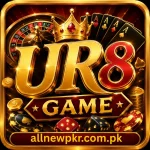 UR8 Game mobile gaming app interface featuring secure gameplay, daily bonuses, and multiple game categories.